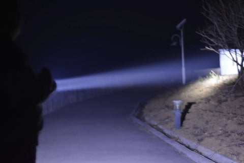 Ultra Bright LED Rechargeable Headlamp illuminating a path at night with adjustable 0 to 45 degree beam, long-lasting battery