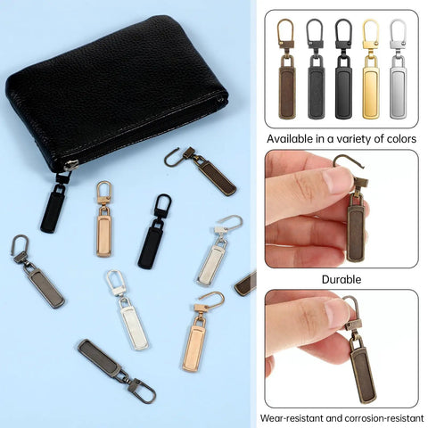 10 Piece Zipper Pull Replacement Set Silver Black Gold Copper For Jackets Bags Luggage Backpacks Coats Shoes Durable Zipper Pull Tabs displayed with a black purse