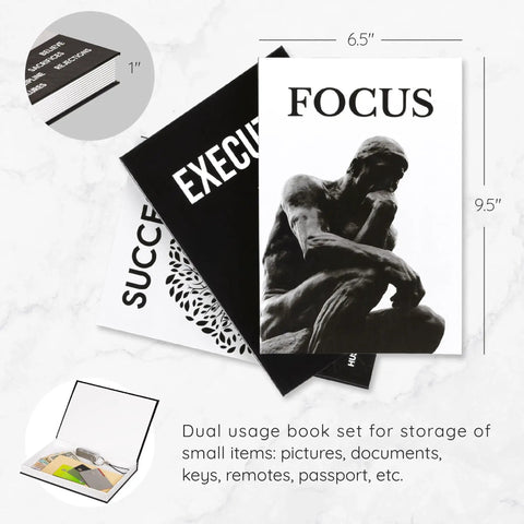 Faux Book Decor Set Of 3 For Modern Desk And Shelf Vibe with black and white covers, hidden storage, and magnetic closure.