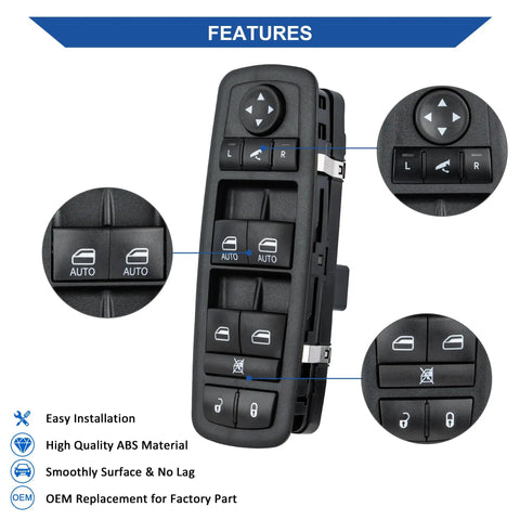Driver Side Power Window Switch Replacement For 2012 To 2015 Dodge Grand Caravan Town And Country And 2013 To 2015 Ram 1500 2500 2015 Ram 3500 Direct Fit Easy Install Plug And Play Replaces 68110867AB 68110867AA 3 To 9 Pins shown with close-up features