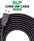 9.9ft black USB cable coiled with USB-A connector, labeled ELP Long USB Cable.