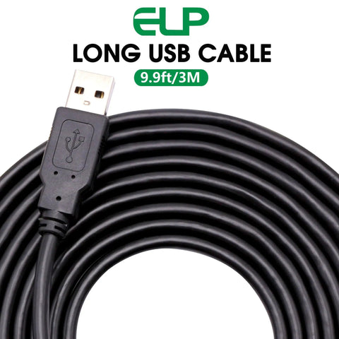 9.9ft black USB cable coiled with USB-A connector, labeled ELP Long USB Cable.
