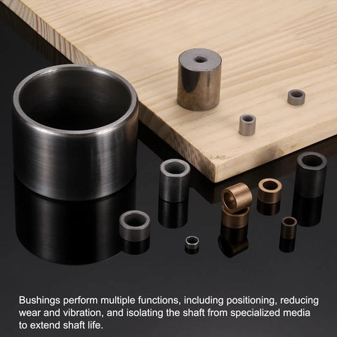 Eight Piece Smooth Operator Self Lubricating Sintered Iron Sleeve Bearings on black surface, showcasing different sizes and types.