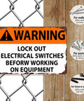 Lockout Electrical Switches Before Working On Equipment Sign Aluminum 8x12 Inch with mounting options