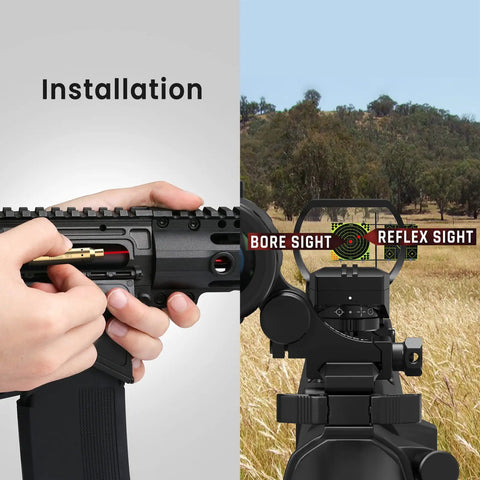 Image of Red Laser Bore Sighter For 223 Rem And 5.56 NATO Calibers, Brass Build, showing installation and alignment with reflex sight.