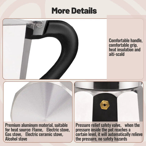 Close-up details of the 14 Cup Aluminum Moka Pot Stovetop Espresso Brewer 700ml 23oz Percolator Mocha Pot Greca Style.