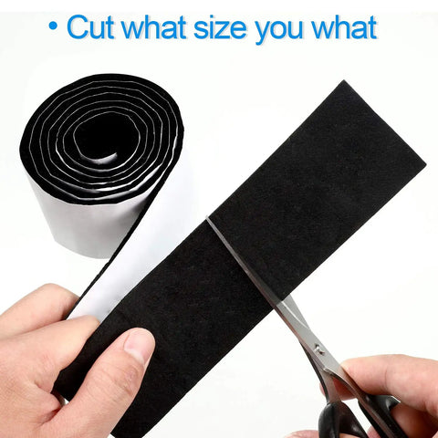 Two Pack Self Adhesive Felt Strips being cut with scissors, showing 59 inches long and 0.12 inch thick black non slip furniture pads.