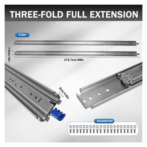 68 Inch Full Extension Drawer Slides Set 1 Pair Side Mount Cabinet Glides shown with quick release latches and screws