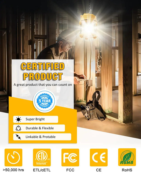Ultra Bright 100W Temporary Work Light With 5000K Daylight Output, 13,000 Lumens hanging in a construction site