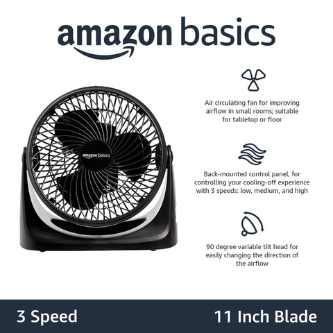 Compact Air Circulator Desk Fan For Bedroom, Home Office And Living Areas with 90 Degree Tilt Head and Three Speed Settings.