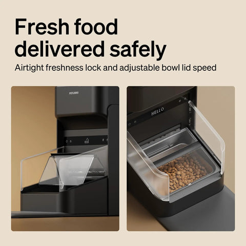 RFID Cat Feeder With Collar Tag Sensor For Personalized Meals, showing airtight freshness lock and bowl lid adjustment.