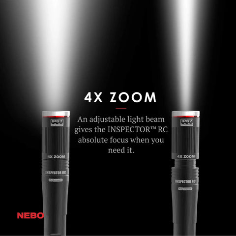EDC Pen Light Flashlight 360 Lumens, Rechargeable USB or AAA Powered, Waterproof, showing 4X zoom feature with light beams