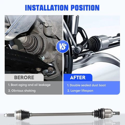 CV Axle Shaft Front Left And Right 2 Pack For 2015 2019 Hyundai Sonata 2.4L And 2016 2020 Kia Optima 2.4L L4 Gas Engine Direct Fit Driver And Passenger Side Replacement 66 3829 66 3830 installed before and after comparison, double-sealed dust boot
