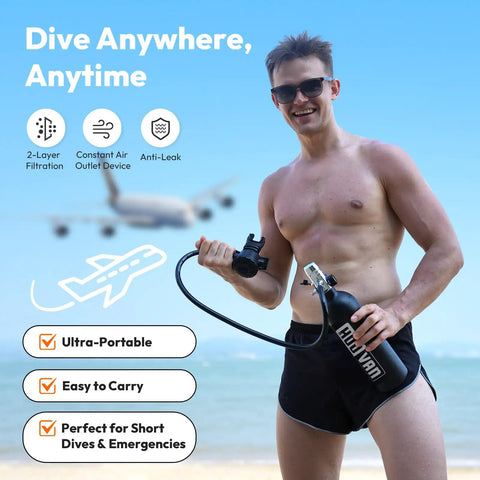 Man holding S400 Mini Scuba Tank 1L Portable Diving Tank With On Off Valve on beach, showcasing lightweight aviation aluminum build.