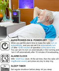 Tiny But Mighty Shortwave Radio With 7 Backlight Colors on bedside table next to sleeping man, showing display details.