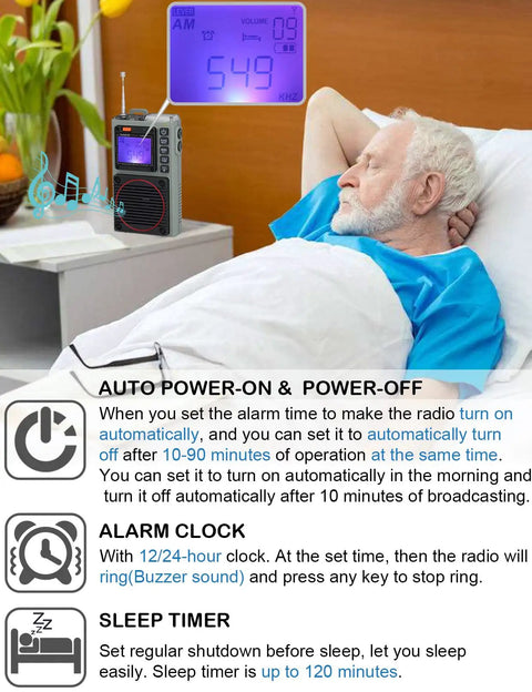 Tiny But Mighty Shortwave Radio With 7 Backlight Colors on bedside table next to sleeping man, showing display details.