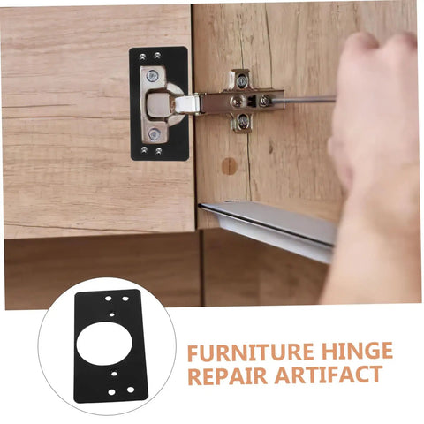 Stainless Steel Hinge Repair Plates Kit 2 Pack for Cabinets and Furniture installed on wooden cabinet, reinforcing hinge