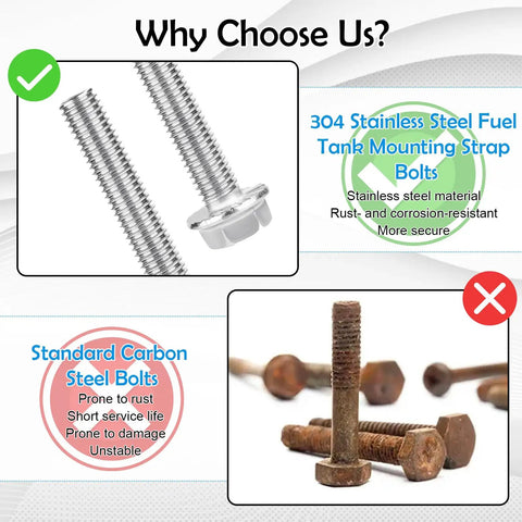 Includes Four 304 Stainless Steel Fuel Tank Strap Bolts And Four Premium Locking Nuts For Silverado 1999 Through 2021 And Select Models Complete Beefy Hardware Replacement Kit Ready For Quick Easy Install, showing comparison with rusted steel bolts.