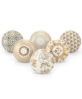 Handmade Ceramic Cabinet Knobs Geometric Gold Finish Dresser Pulls Set of 6 showcasing intricate boho Indian patterns in a row.