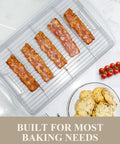 Nonstick Crisp Baking Tray With Wire Rack 15x10 Jelly Roll Pan Ceramic Coating with bacon and cookies.