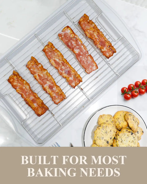 Nonstick Crisp Baking Tray With Wire Rack 15x10 Jelly Roll Pan Ceramic Coating with bacon and cookies.