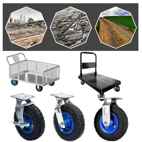 Premium Heavy Duty Pneumatic Rubber Swivel Caster Wheels With Locking Brakes and Rock Solid Silent Rolling Action for carts on uneven surfaces.