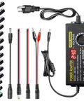 Adjustable DC Power Supply 3V To 24V 144W 6A Max Universal 100 To 240V Input with variable voltage power adapter, 14 tips, 3 test leads.