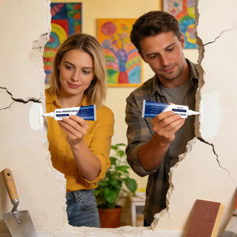 Two people using Drywall Repair Paste Wall Mending Putty With Scraper And Crack Filler Kit for home wall repair in an apartment.