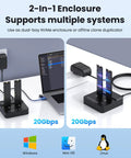 Dual Bay NVMe M.2 SSD Docking Station Offering Offline Clone Duplicator Functionality With 20Gbps USB 3.2 Interface, showing two SSDs connected.