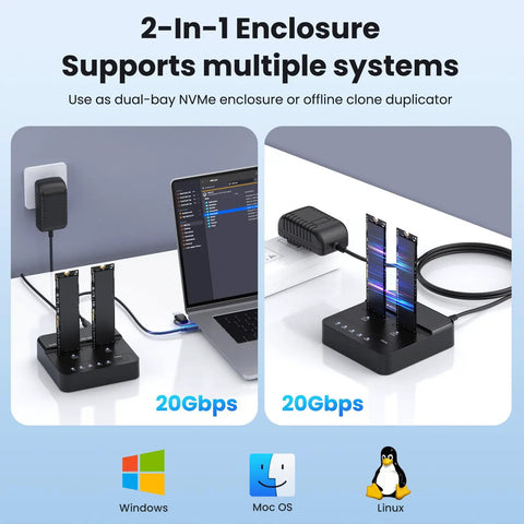 Dual Bay NVMe M.2 SSD Docking Station Offering Offline Clone Duplicator Functionality With 20Gbps USB 3.2 Interface, showing two SSDs connected.