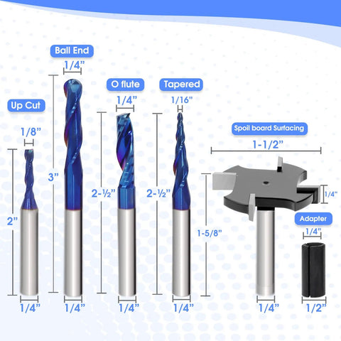 Ten Piece CNC Router Bit Set With One Quarter Inch Shank Solid Carbide For Woodworking Sign Making And Engraving