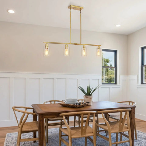 Modern Gold Kitchen Island Chandelier 4 Light Dope Brushed Brass Farmhouse Pendant With Glass Shades over dining table