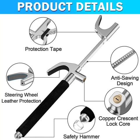 Heavy Duty Steering Wheel Lock Security Bar With Retractable Design For Cars Trucks SUVs And Vans Universal Fit Anti Theft Device With Safety Hammer Black, showing product details including lock core and safety hammer.