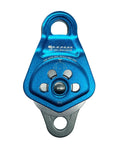 Upgraded Rescue Double Pulley Sheave With Swing Plate For Backyard Zipline And Climbing Adventures, front view, blue, steel bearings