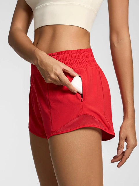 Womens Quick Dry Running Shorts 2.5 Inch Inseam With High Waisted Zip Pockets Lightweight Gym Shorts Built In Liner And Mesh Panels For Breathable Comfort And Free Range Of Motion Red XS showing zip pocket detail