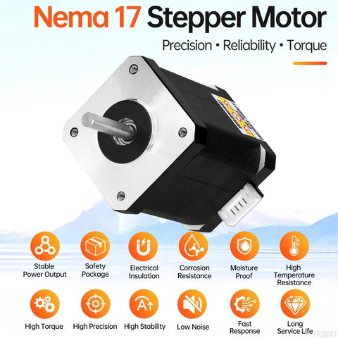 Nema 17 stepper motor with silver mounting face, black housing, protruding shaft and 4-pin connector