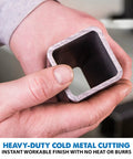 Person holding a cleanly cut metal tube, demonstrating the results of the 10 Inch TCT Saw Blade For Mild Steel And Ferrous Metal, 52 Teeth, 1 Inch Arbor, Pro Grade Table Saw Blade, 10BLADEST, One Per Pack, Built Tough For Fast Clean Cuts.