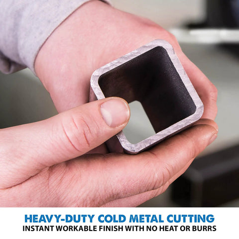 Person holding a cleanly cut metal tube, demonstrating the results of the 10 Inch TCT Saw Blade For Mild Steel And Ferrous Metal, 52 Teeth, 1 Inch Arbor, Pro Grade Table Saw Blade, 10BLADEST, One Per Pack, Built Tough For Fast Clean Cuts.