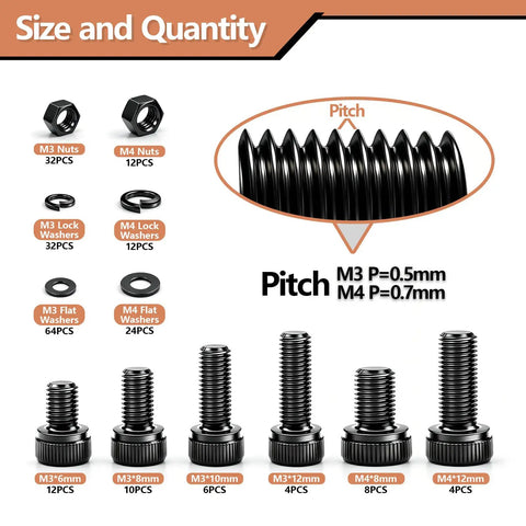 Hex Socket Head Screws Kit For M3 And M4 Metrics, Your Go To 220 Piece Machine Screws Assortment, Built For Quick Fixes In 3D Printing, Electronics, RC Projects, And DIY, Precise Fits For Printer Frames. M3/M4 screws, nuts, and washers assortment with sizes and pitch