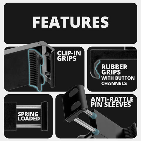 Features of All Metal Motorcycle Phone Mount With 20MAXX Vibration Dampening Spring Cradle including clip-in grips and rubber grips.