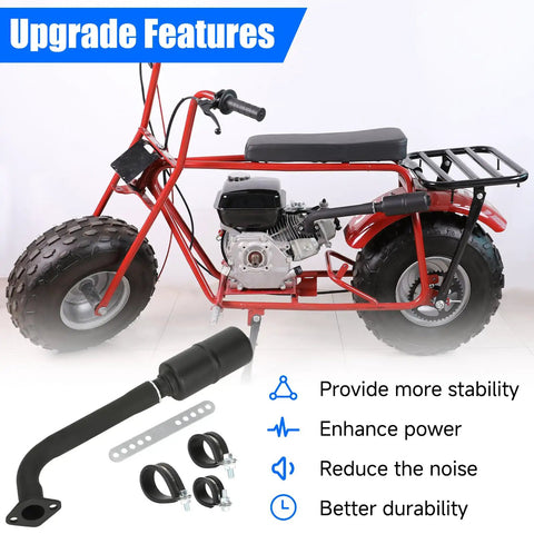 Exhaust Header Pipe Muffler Replacement For Predator 212 196cc 224cc 6.5HP Engines, displayed with a red mini bike and kit components.