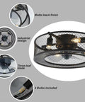 Caged Ceiling Fan With Lights 18 Inch Low Profile Flush Mount With Remote Control Slick Industrial Style matte black finish