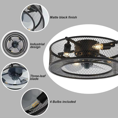 Caged Ceiling Fan With Lights 18 Inch Low Profile Flush Mount With Remote Control Slick Industrial Style matte black finish