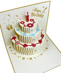 Akeydeco 3D pop-up birthday card with a tiered white cake, red and blue flowers, gold border