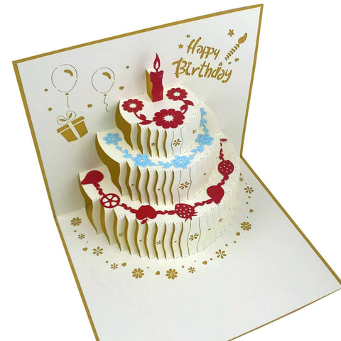 Akeydeco 3D pop-up birthday card with a tiered white cake, red and blue flowers, gold border