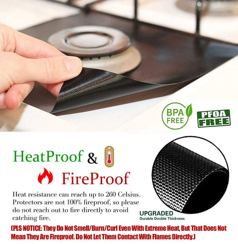 Double Thickness 0.3 mm Gas Stove Burner Covers 8 Pack being placed on stove, showing nonstick black material and heatproof label