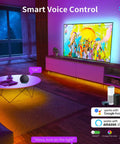 Living room with 65 Inch TV Backlight Kit With RGBW LED Strips, smart voice control, warm color mood lighting, USB WiFi sync.