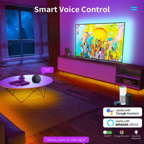 Lit WiFi TV Backlight Strip For 85 Inch To 95 Inch Screens With RGBW 6500K Bias Light Alexa Compatible lighting in a modern living room