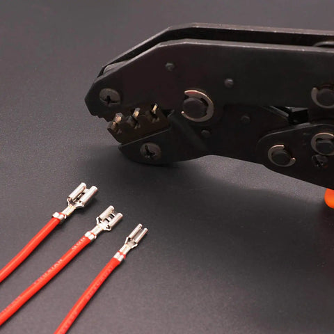 Heavy Duty Wire Crimping Pliers With Ratchet For Open Barrel Terminals next to insulated wires with connectors