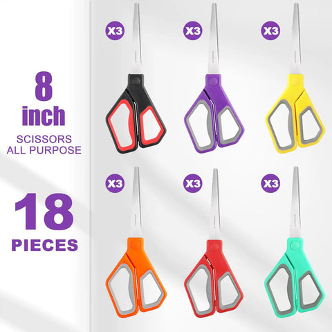 18 Pack 8 Inch All Purpose Heavy Duty Scissors For Office And School With Colorful Rubber Handles In Purple Green Yellow Orange Red Black Sharp Durable Blades For Precise Clean Cuts Great For Crafts Paperwork And Homework, assorted colors